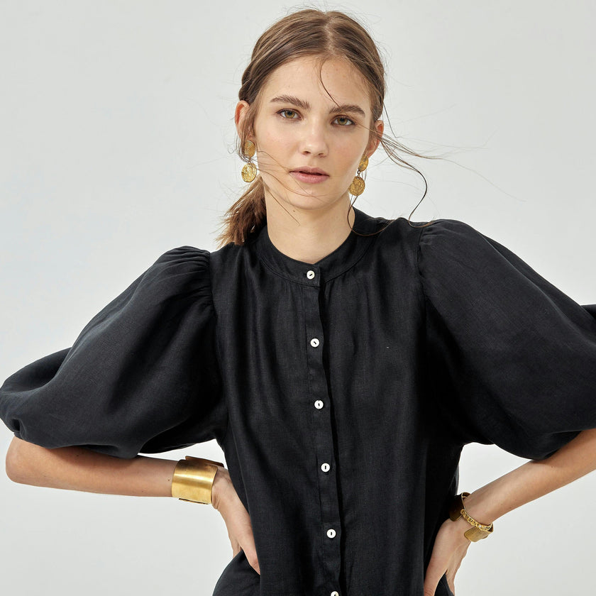 Bubble Linen Dress - Black