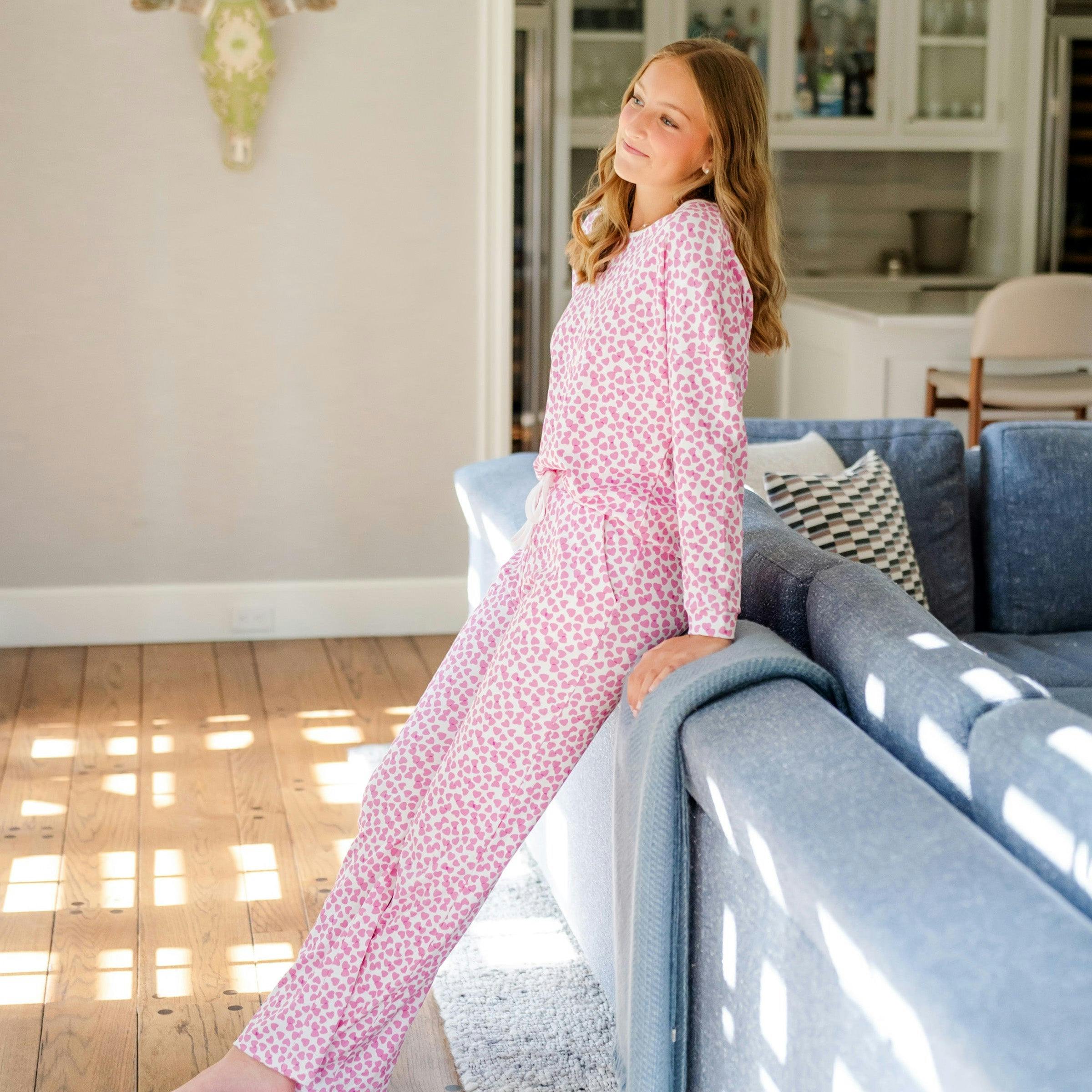 Audrey Women's Longsleeve Top Pant Set - Confetti Hearts Pink