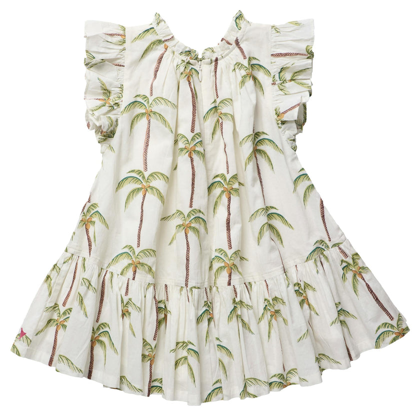 Girls Harper Dress - Cream Palm Trees