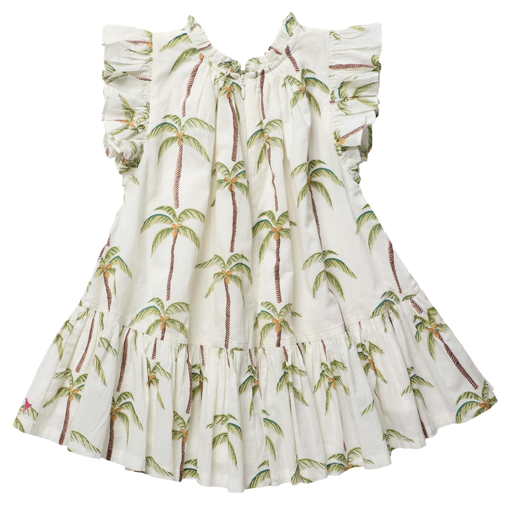 Girls Harper Dress - Cream Palm Trees