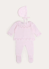 Diamond Openwork Three Piece Knitted Set in Baby Pink (1-9mths)