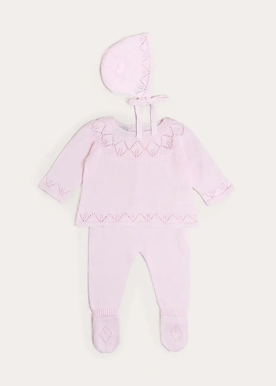 Diamond Openwork Three Piece Knitted Set in Baby Pink (1-9mths)