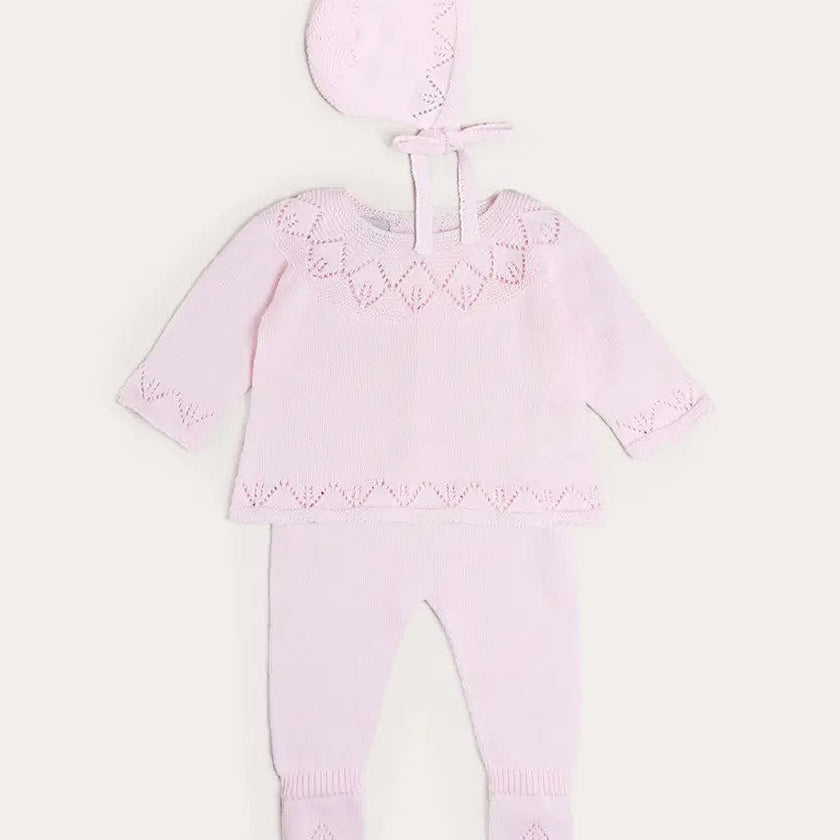 Diamond Openwork Three Piece Knitted Set in Baby Pink (1-9mths)