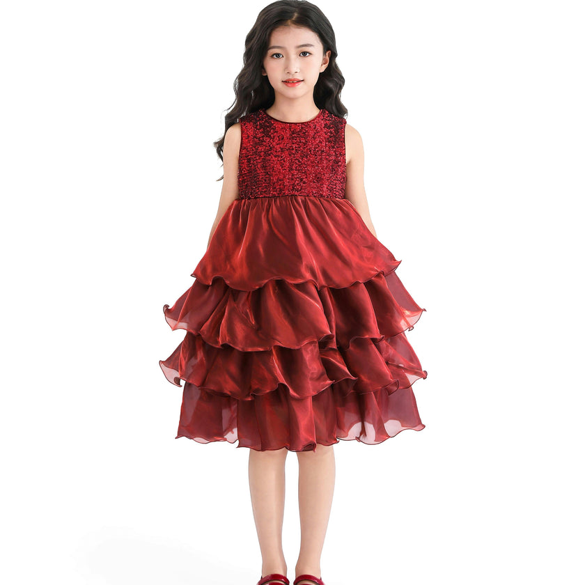 Red Sequin & Tiered Organza Dress