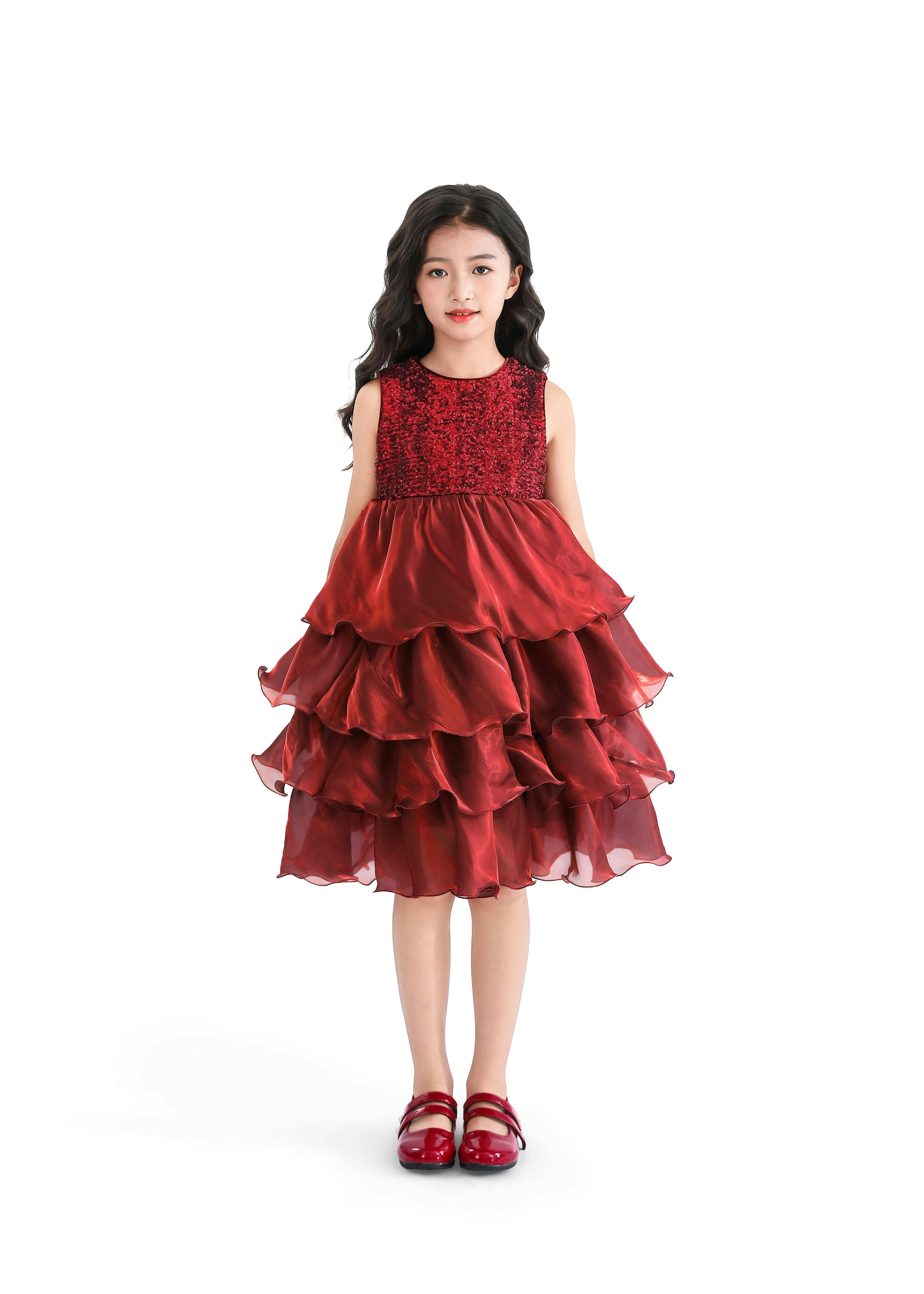 Red Sequin & Tiered Organza Dress