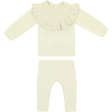Yoke Collar Knit Shoulder Ruffle Top & Pant 2-Piece Set