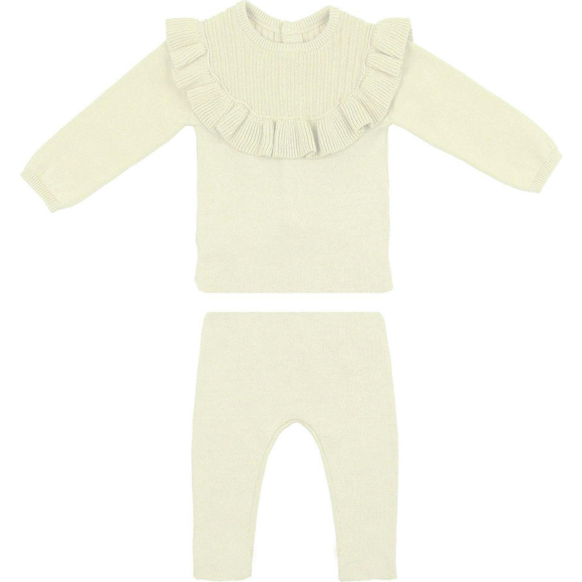 Yoke Collar Knit Shoulder Ruffle Top & Pant 2-Piece Set