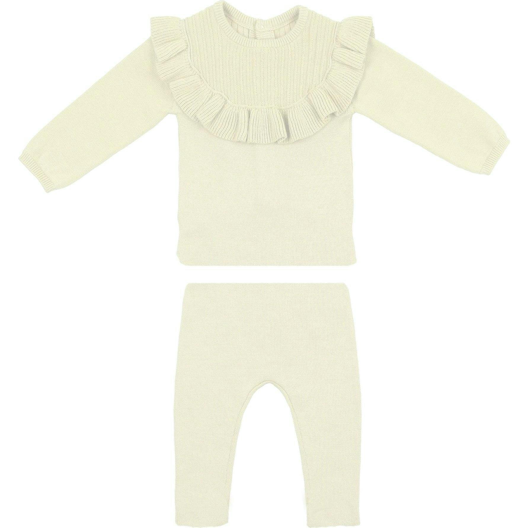 Yoke Collar Knit Shoulder Ruffle Top & Pant 2-Piece Set