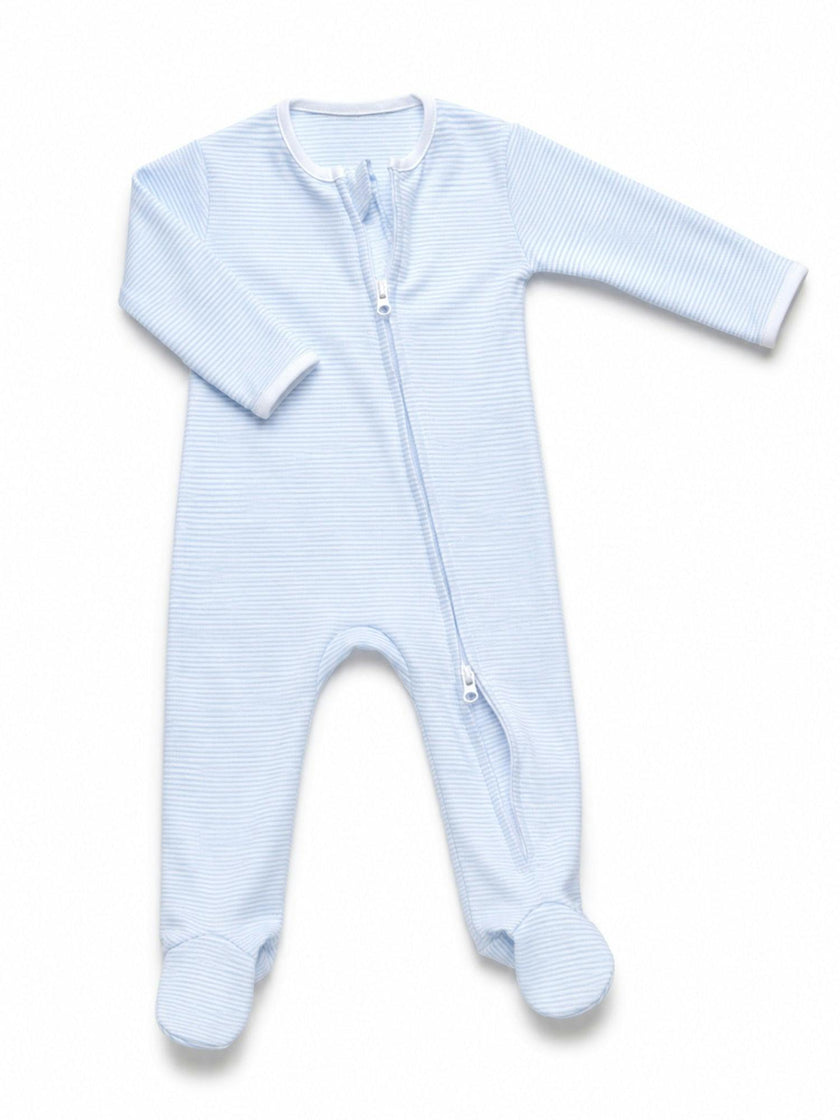 Two Way Zip Striped Footie Pajama | Lt Blue Mini Stripe