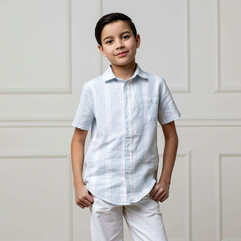 Linen Short Sleeve Button Down Shirt, Blue