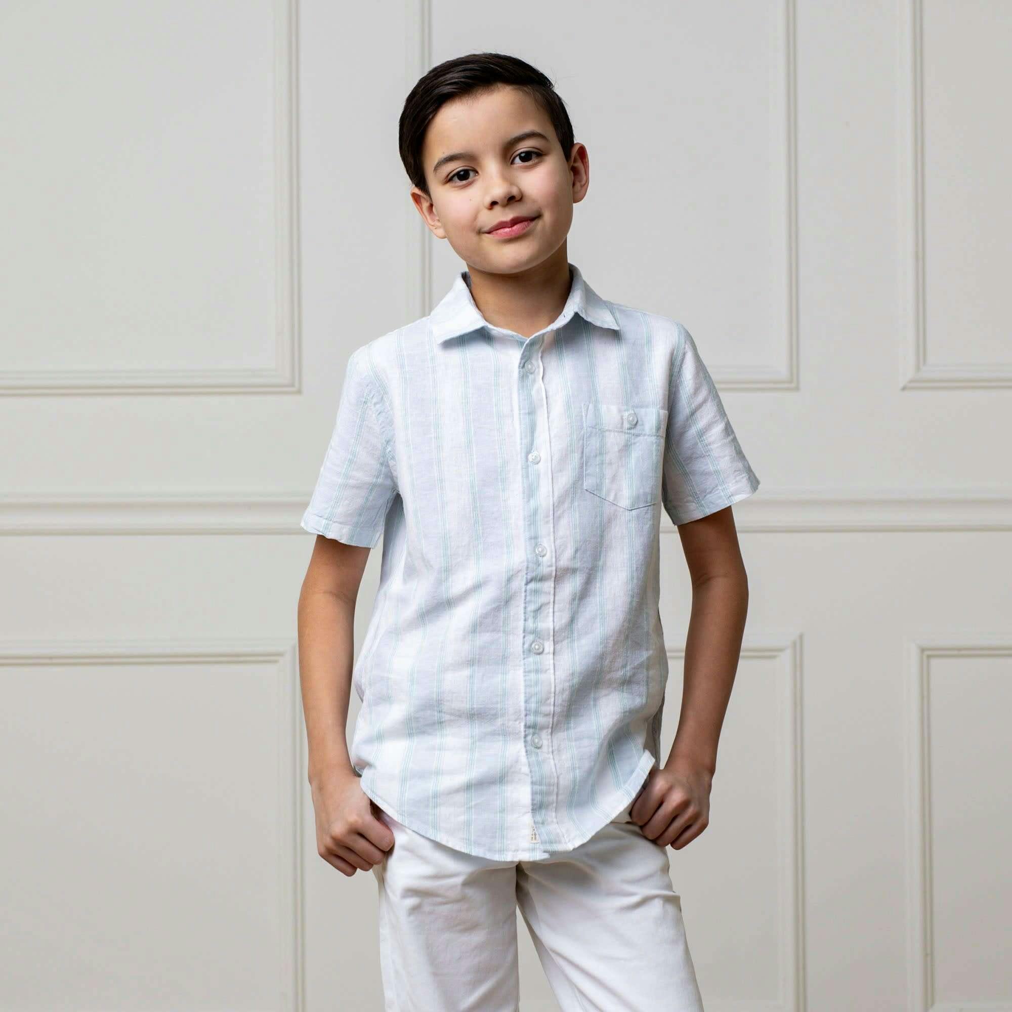 Linen Short Sleeve Button Down Shirt, Blue