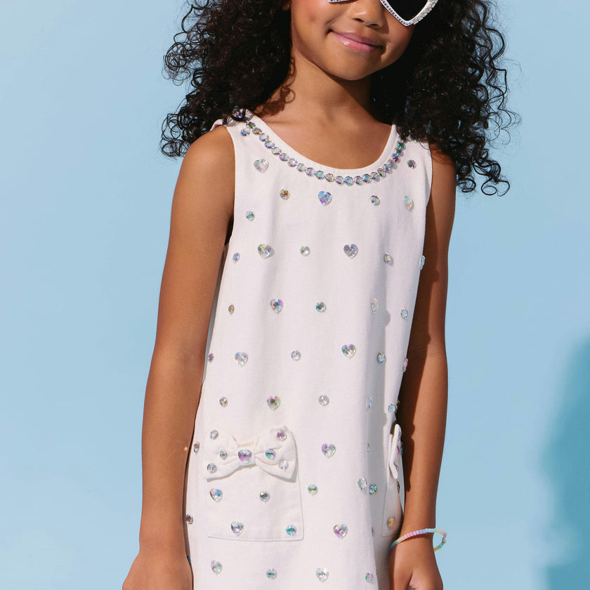 White Crystal Heart Denim Bow Dress