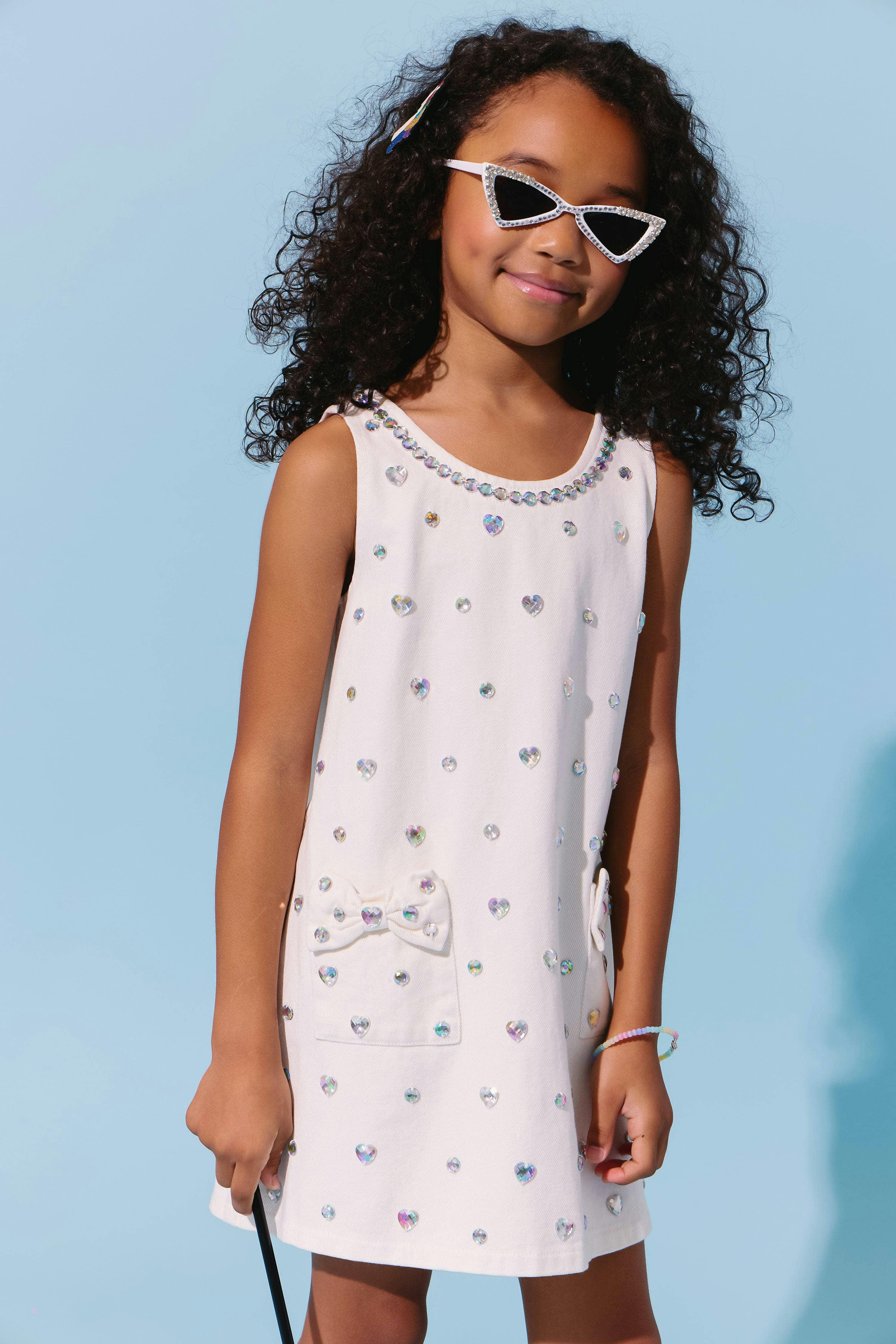 White Crystal Heart Denim Bow Dress