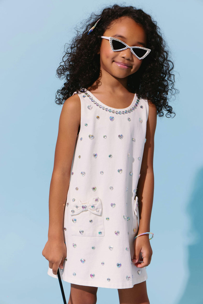 White Crystal Heart Denim Bow Dress