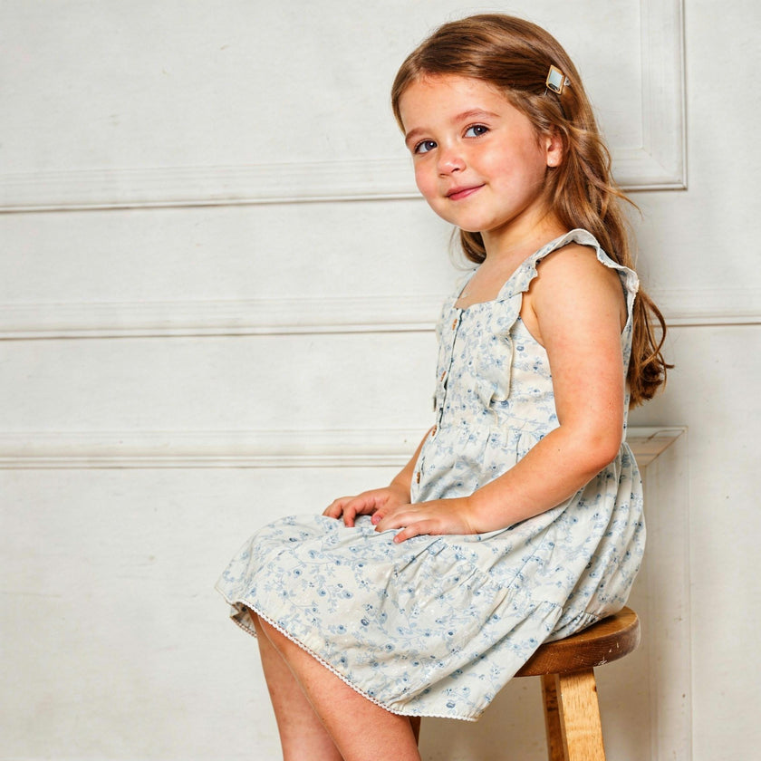 Organic Flutter Buttoned Tiered Dress - Ivy Floral