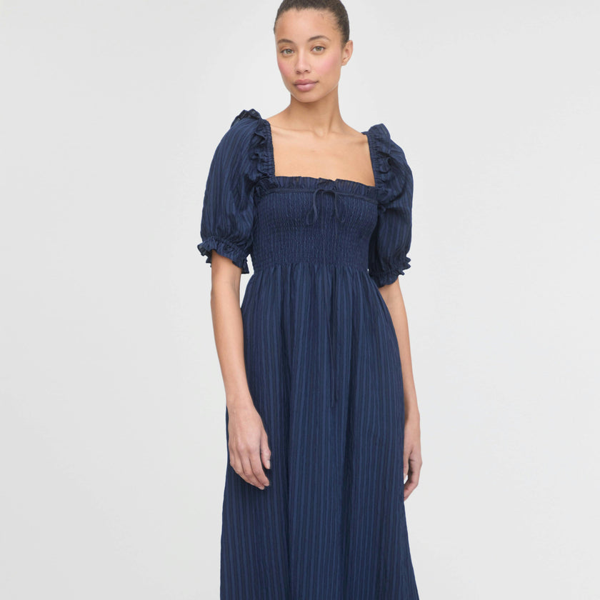 The Scarlett Midi Nap Dress - Navy Tonal Seersucker