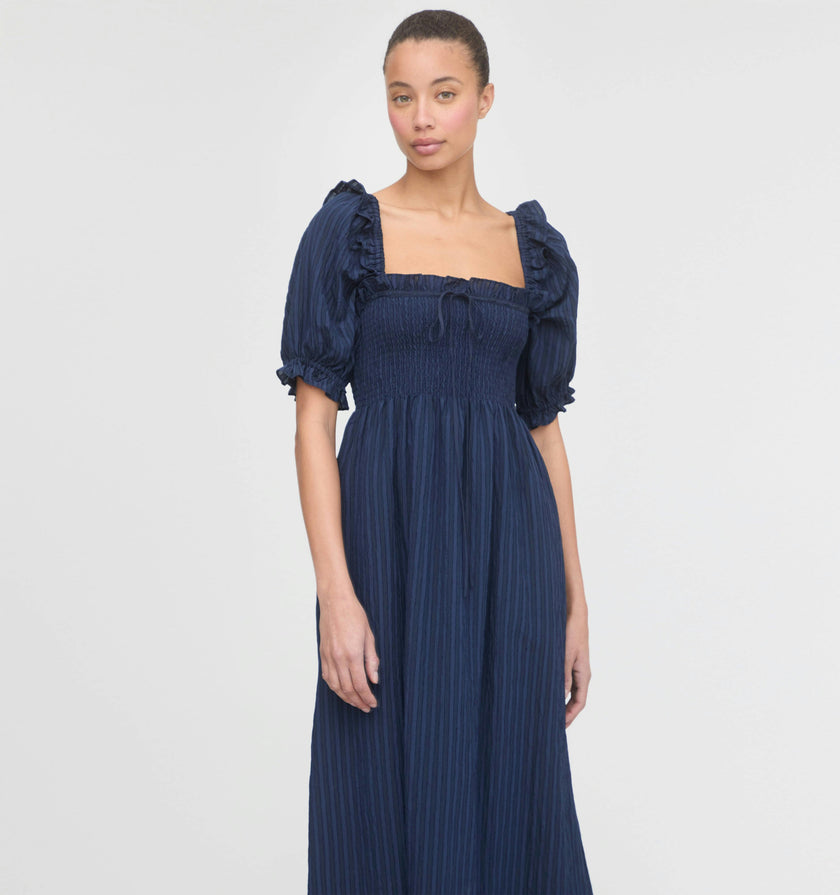 The Scarlett Midi Nap Dress - Navy Tonal Seersucker