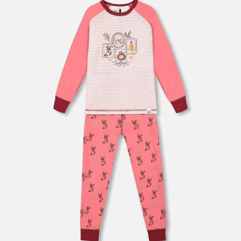 Organic Cotton Long Sleeve Two Piece Printed Christmas Stocking Pajama Set Pink