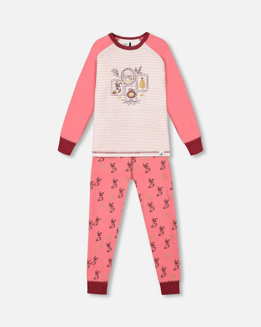 Organic Cotton Long Sleeve Two Piece Printed Christmas Stocking Pajama Set Pink