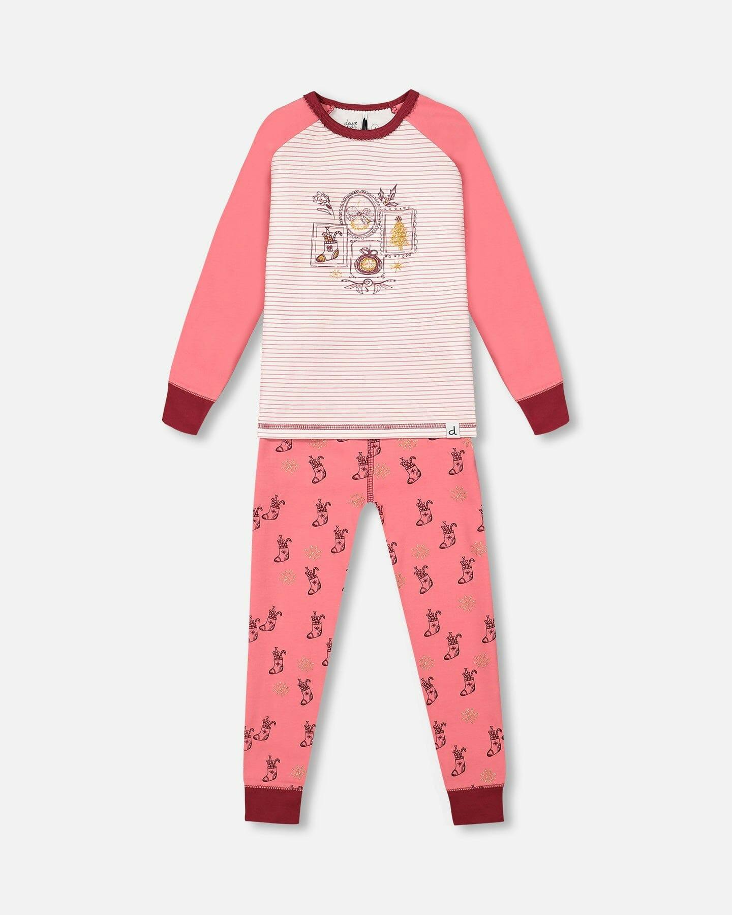 Organic Cotton Long Sleeve Two Piece Printed Christmas Stocking Pajama Set Pink