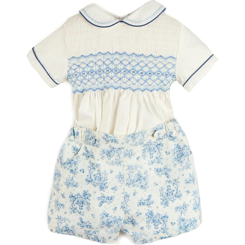 Audrey Toile Peter Pan Collar Hand Smocked Two Piece Set in Blue (6mths-3yrs)