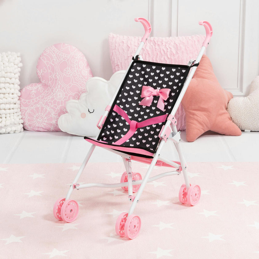 Bayer Design Dolls: Buggy Umbrella Stroller - Hearts Black & Pink