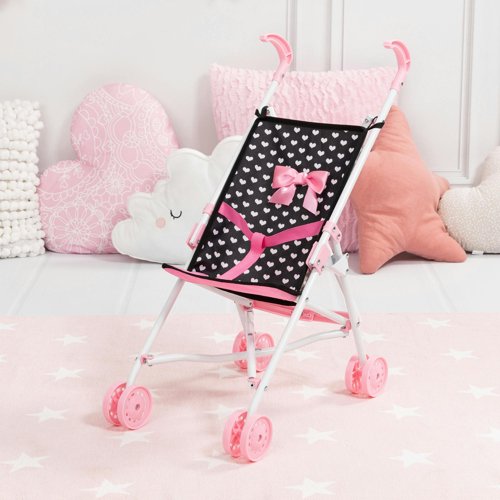 Bayer Design Dolls: Buggy Umbrella Stroller - Hearts Black & Pink