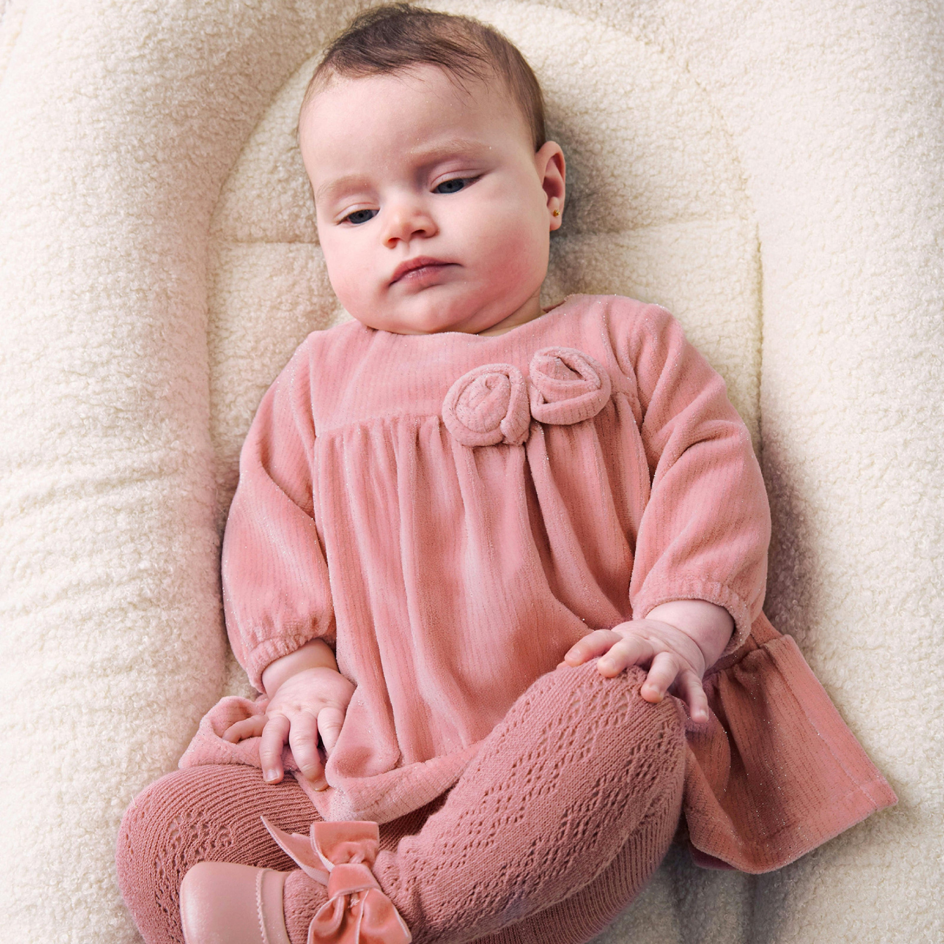 Pink Velvet  Dress with Rosette Accents