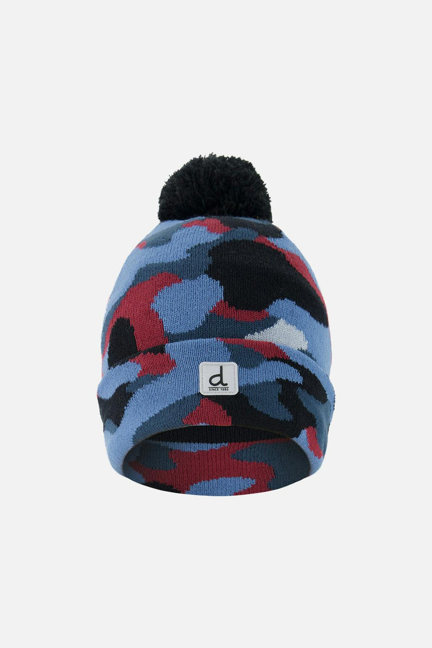 Winter Knit Hat With Pompom Blue And Red Camouflage