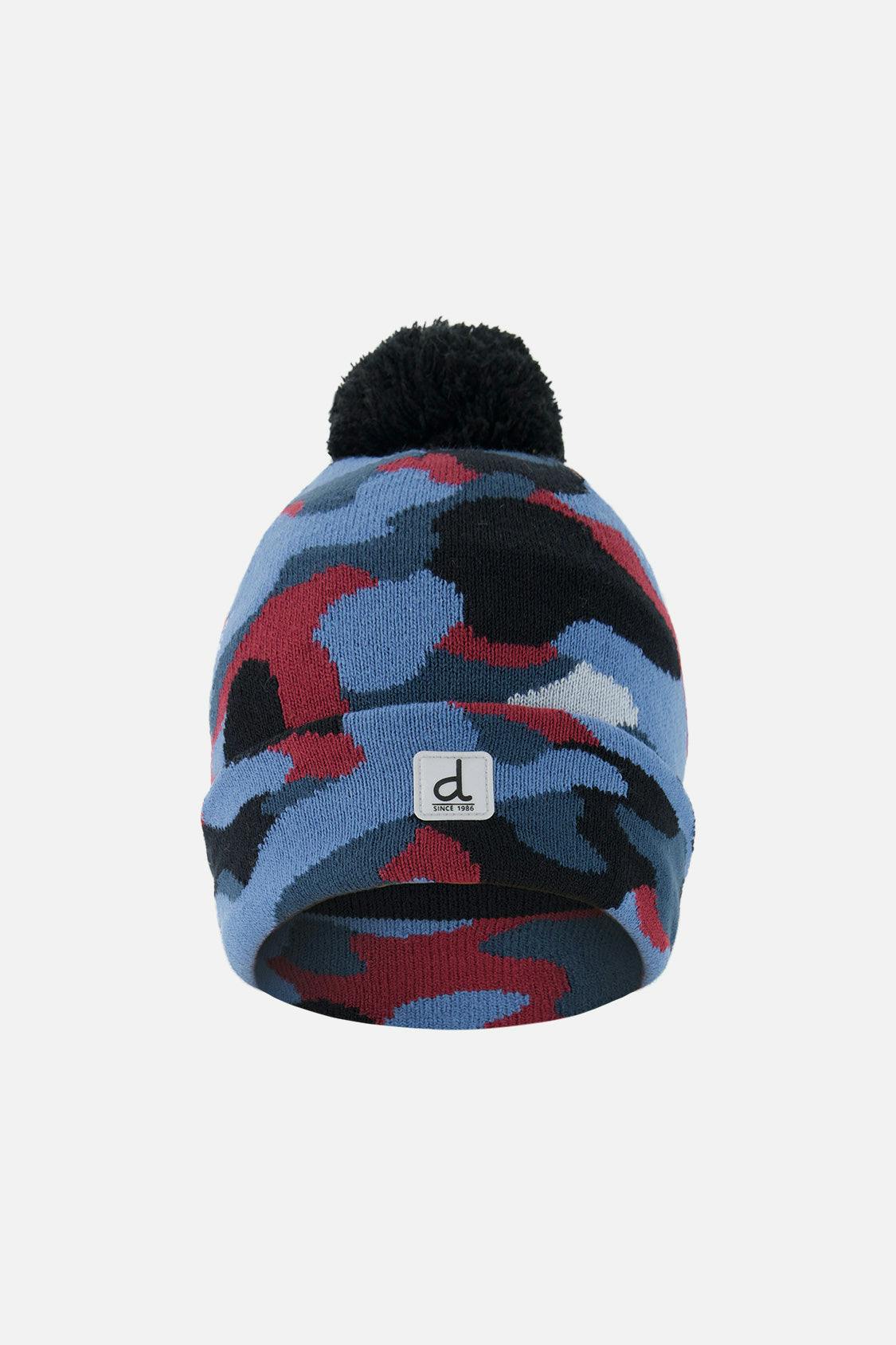 Winter Knit Hat With Pompom Blue And Red Camouflage
