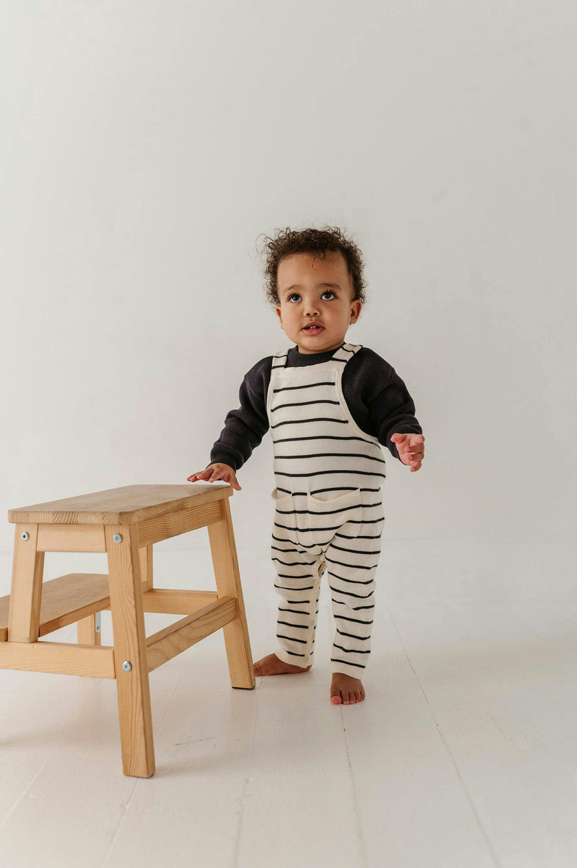 Baby Boy Knit Pocket Overalls in Charcoal Stripe