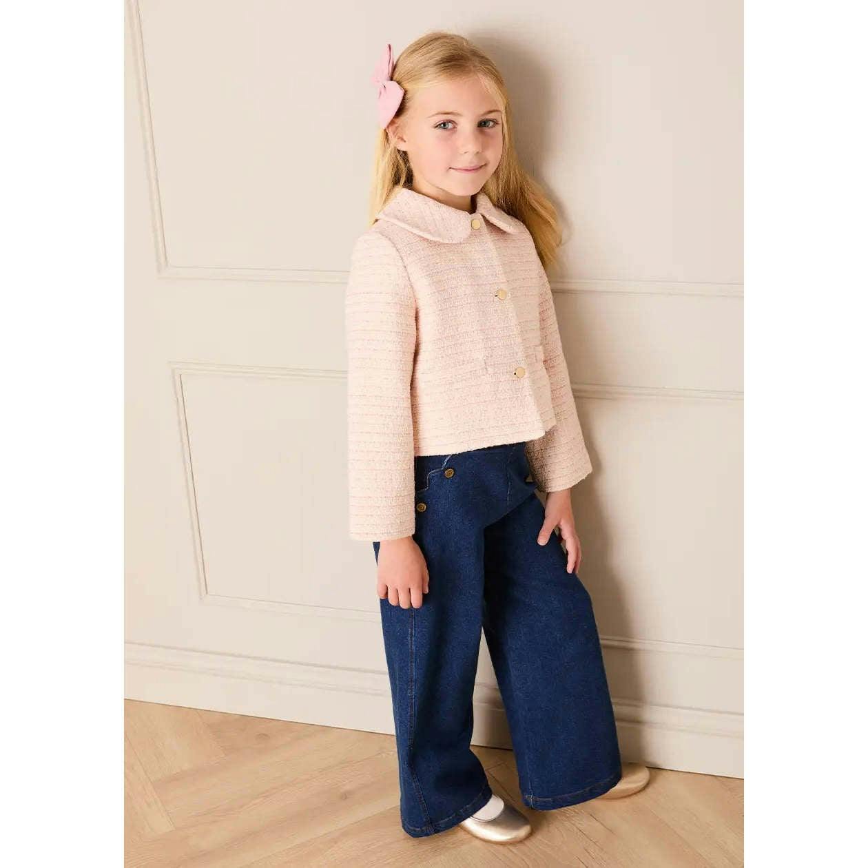 Brighton Boucle Tweed Peter Pan Collar Pocket Detail Jacket in Pink (4-12yrs)