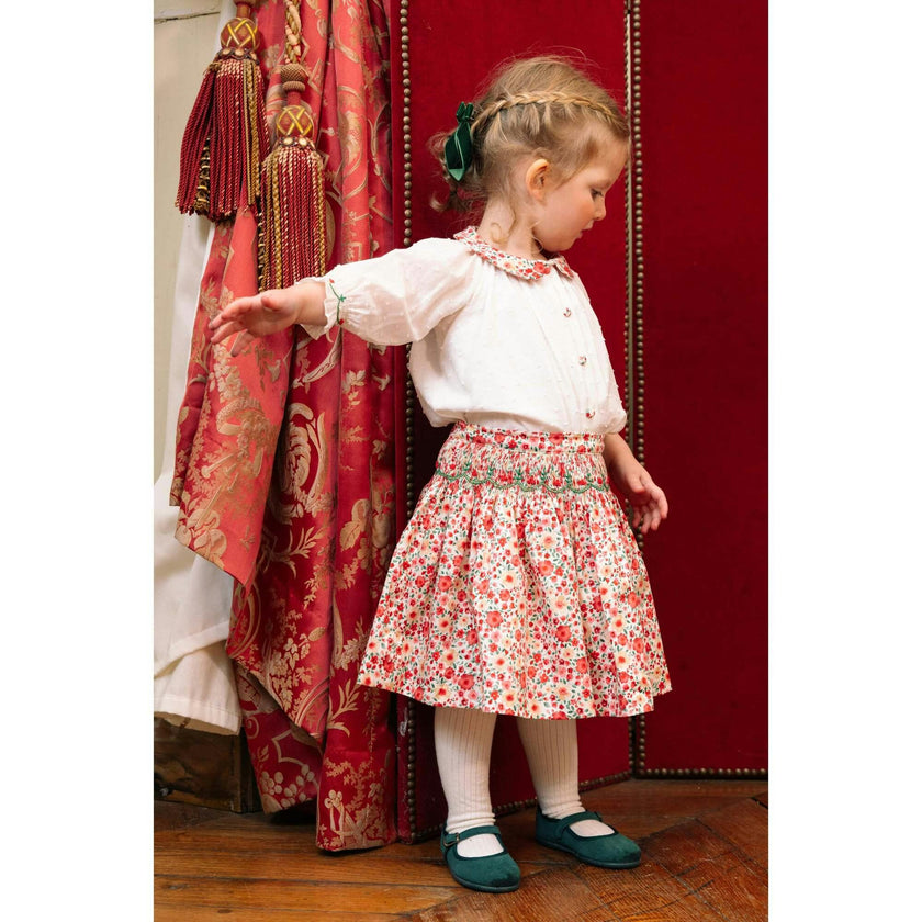 Marie Red Floral Smocked Skirt and Blouse Set