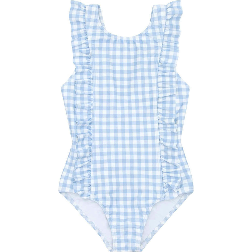 Girls Oasis Blue Gingham Ruffle One Piece