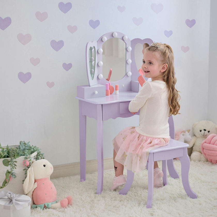 Teamson Kids Heart Glow Wooden Vanity Set With LED Lights Mirror & Stool