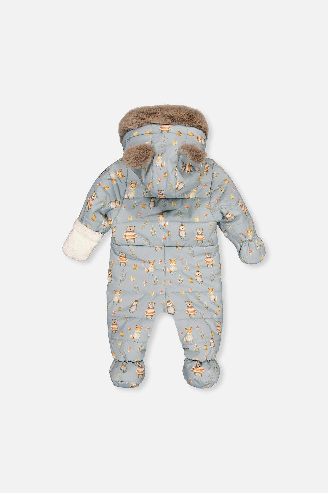 Baby One Piece Snowsuit Adapted For Car Seats Blue Animal Print
