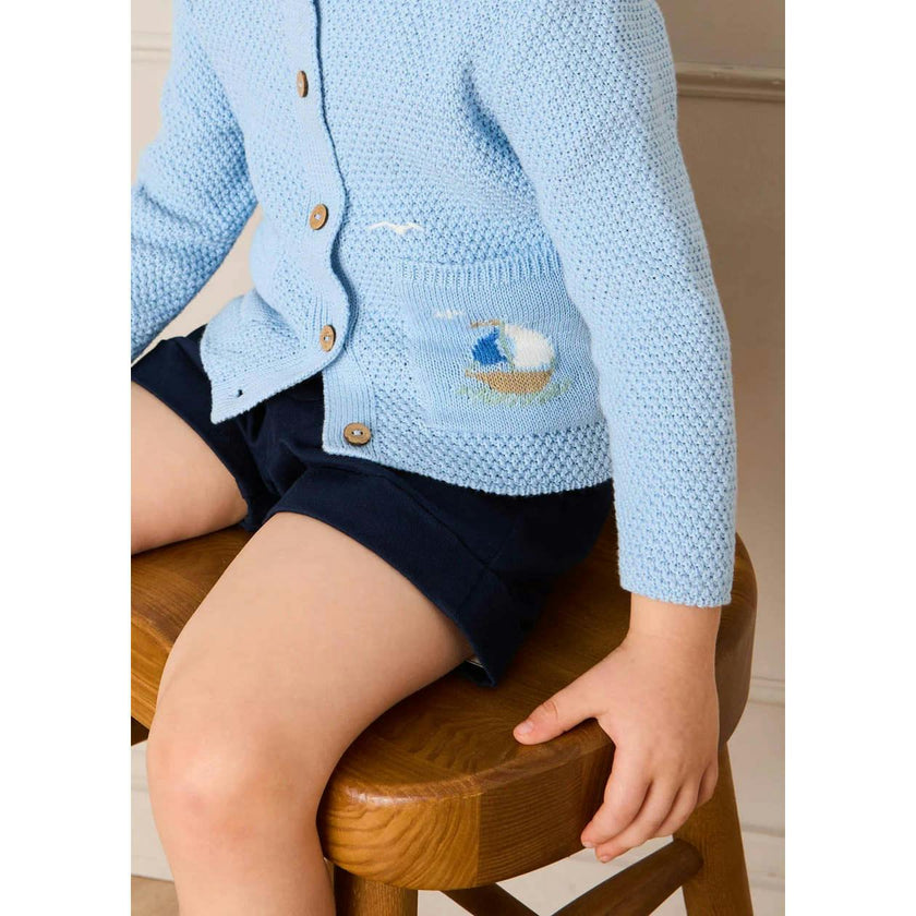 Nautical Boat Embroidery Polo Collar Cardigan in Sky Blue (12mths-6yrs)
