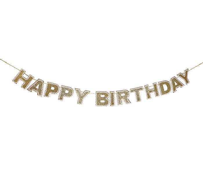 Packed Party Happy Birthday Gold Shimmer Reusable Banner - 80-Inch Glitter Gold Felt Letters with Ric Rac Trim for Birthday Parties and Celebrations