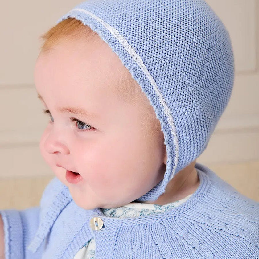 Lace Detail Knitted Bonnet in Light Blue (0-9mths)