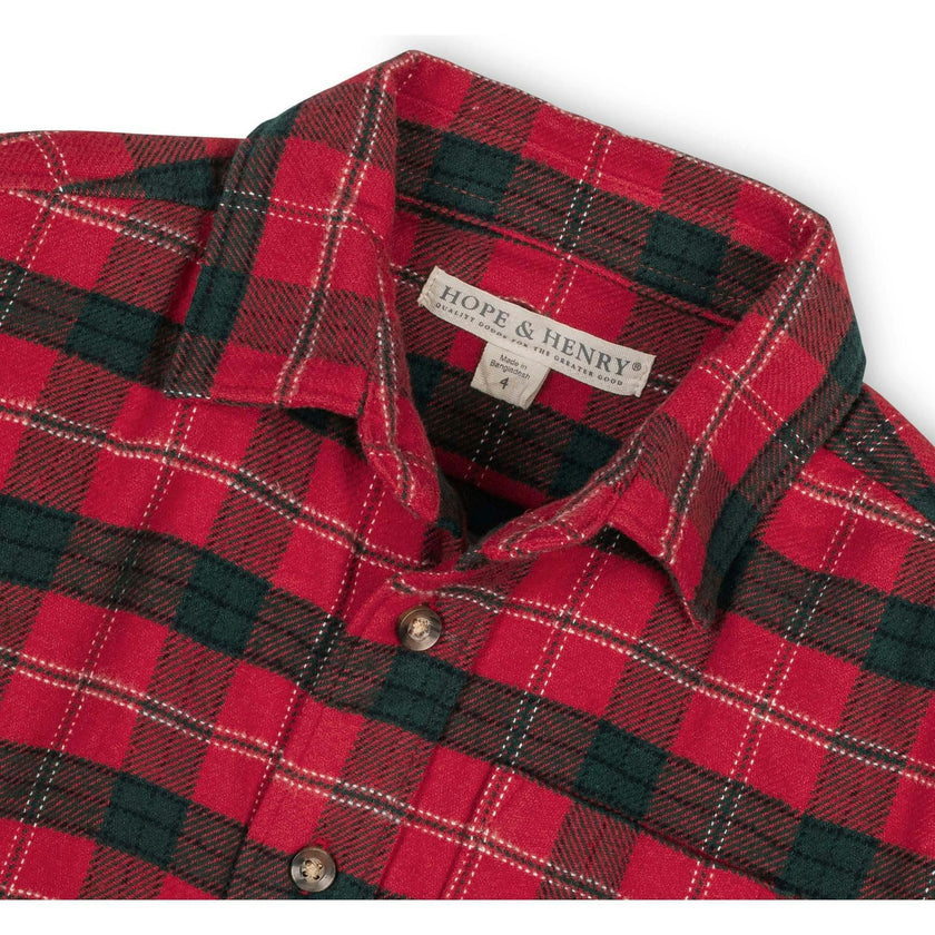 Big Kids Organic Long Sleeve Flannel Button Down Shirt, Red