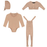 Knit Overall, Romper, Cardigan, and Bonnet Four Piece Set