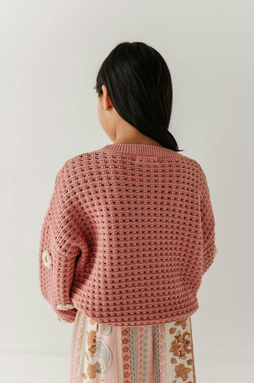 Girls Open Weave Long Sleeve Sweater in Terra Rose