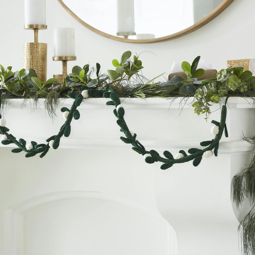 Handmade Christmas Garland and Bunting - Cream Velvet Balls and Felt Mistletoe - 6'