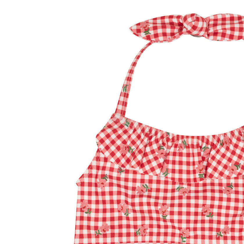 girls cranberry gingham halter scoop neck bikini