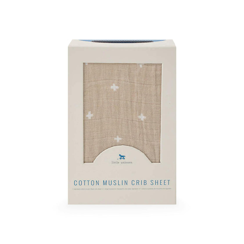 Cotton Muslin Crib Sheet - Taupe Cross