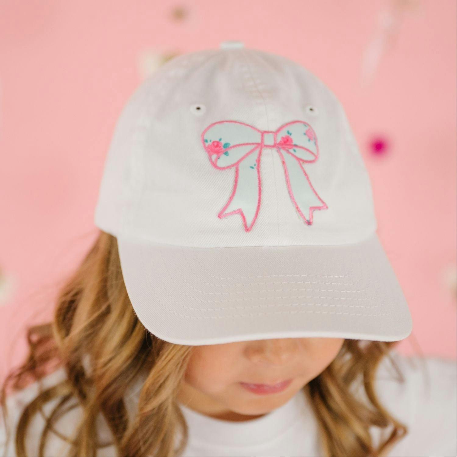 Sky Blue Floral Bow Patch Baseball Hat - White