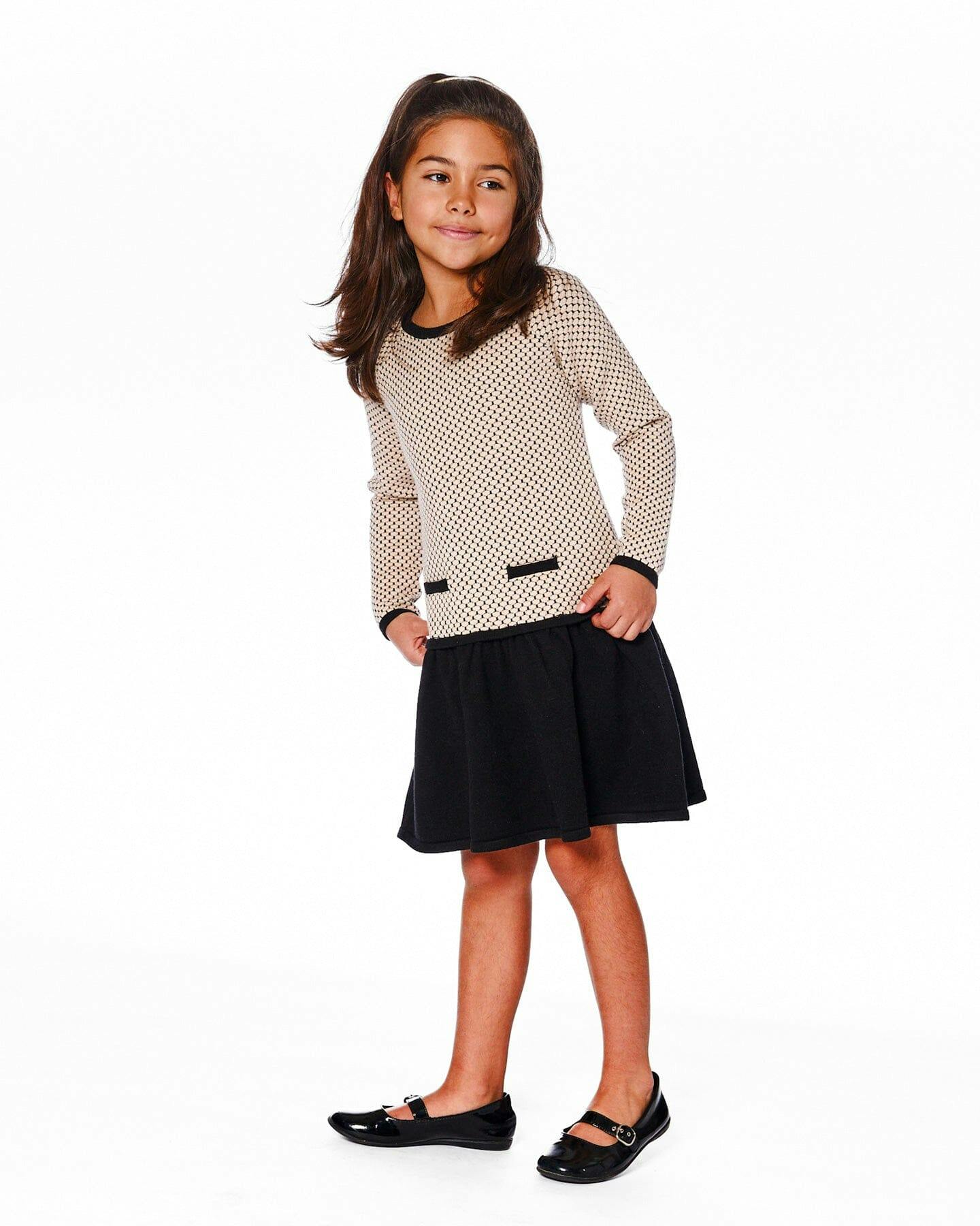 Long Sleeve Knit Sweater Dress Black And Beige