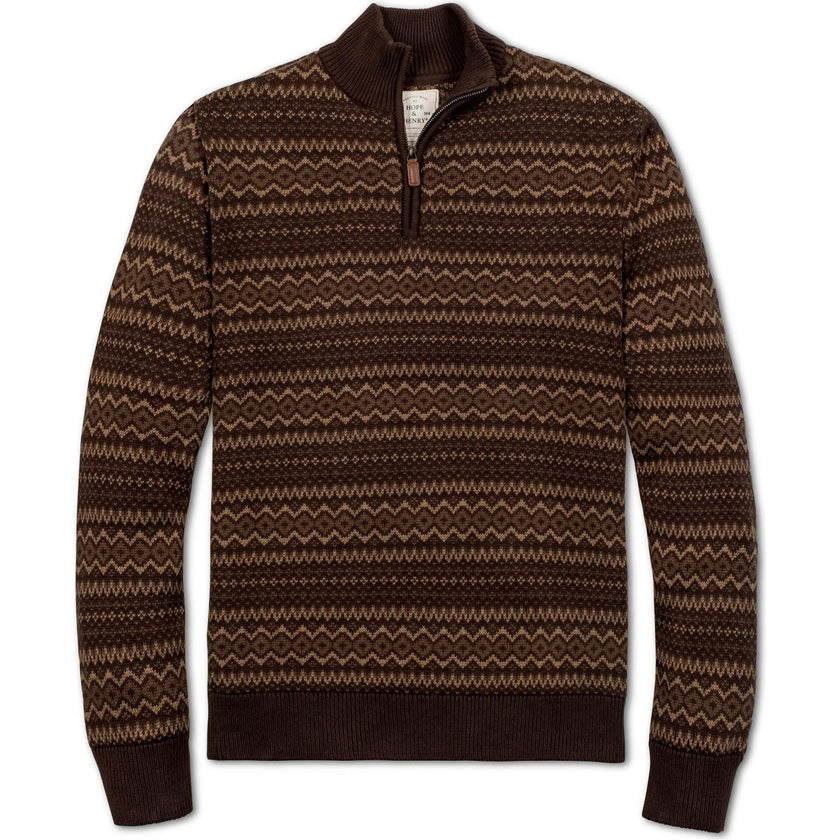 Men's Organic Half Zip Intarsia Pullover Sweater, Brown