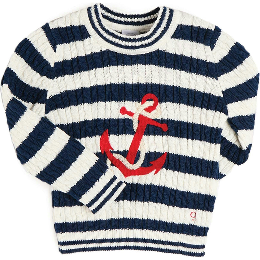 Anchor Motif Cable Knit Sailor Stripe Jumper in Navy (12mths- 10yrs)