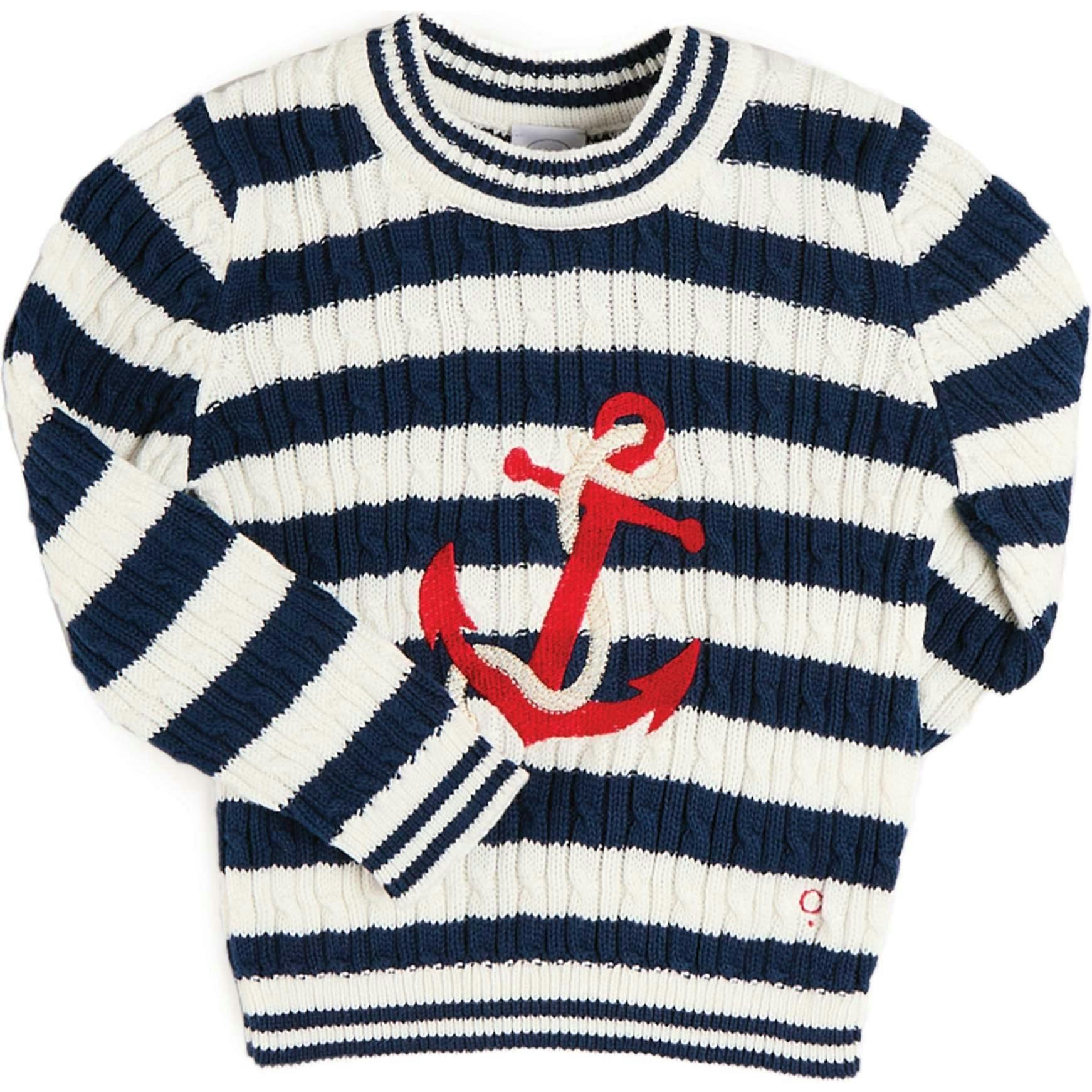 Anchor Motif Cable Knit Sailor Stripe Jumper in Navy (12mths- 10yrs)